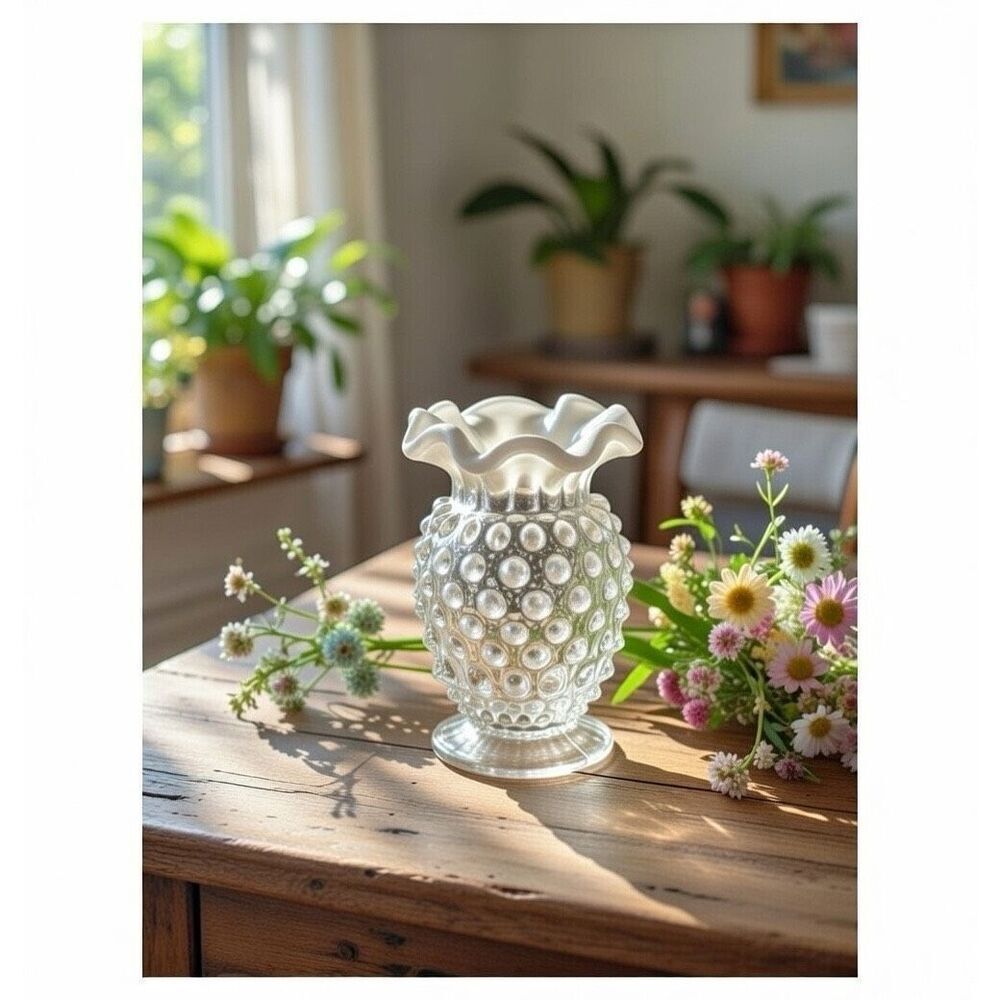 Fenton Clear/White Opalescent Hobnail Ruffle Edge 4” Vase Small bud vintage